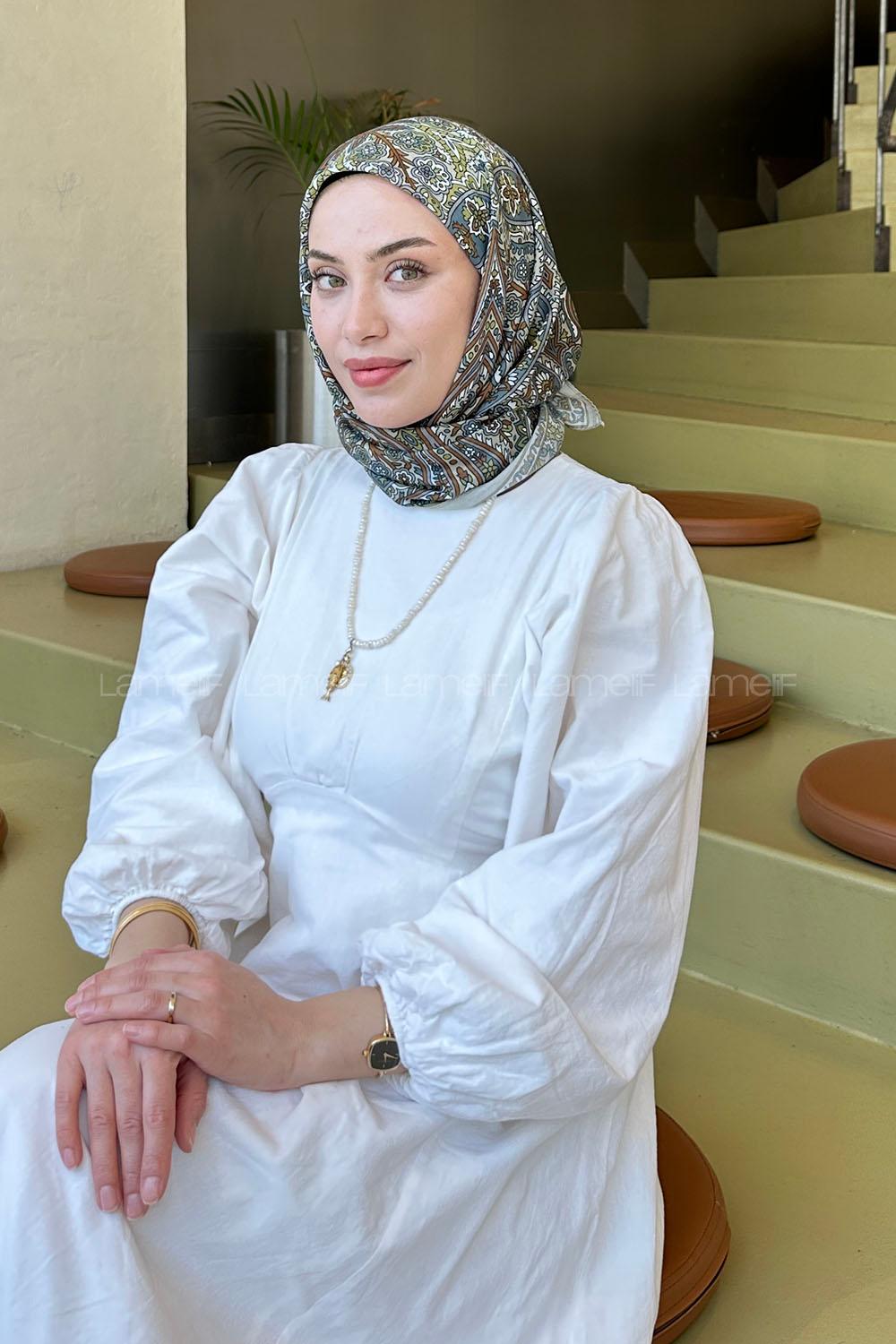 Lamelif Retro Desen Soft Eşarp Mint Yeşili