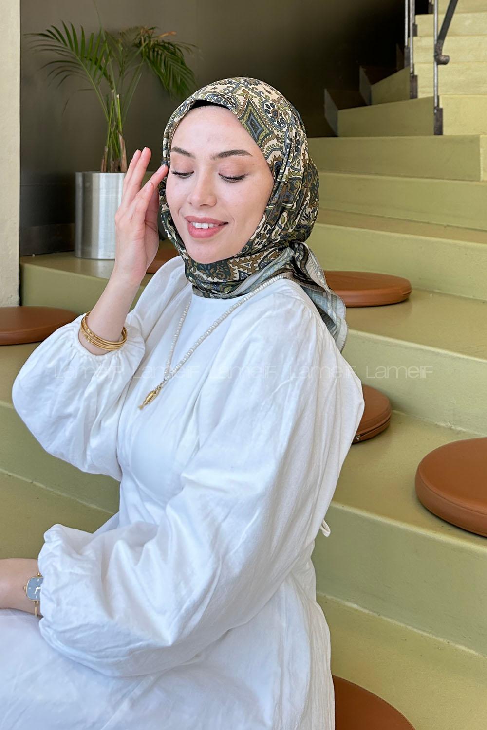 Lamelif Retro Desen Soft Eşarp Mint Yeşili