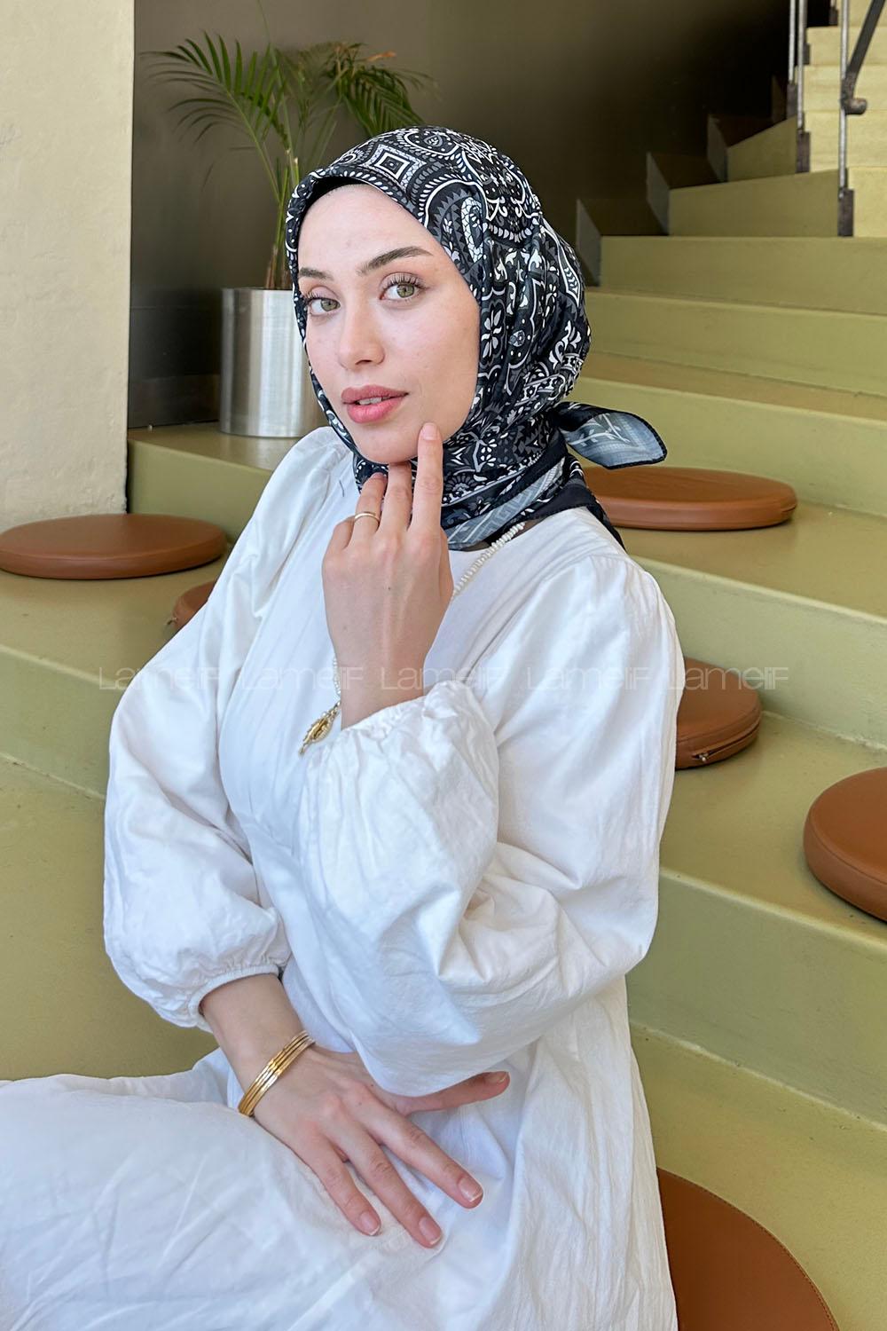 Lamelif Retro Desen Soft Eşarp Siyah