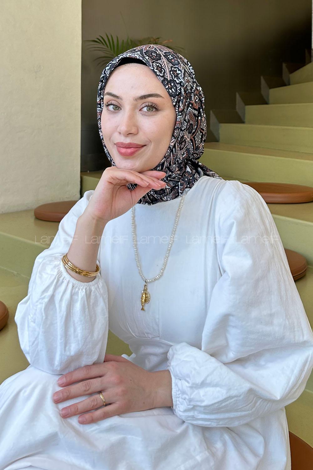 Lamelif Retro Desen Soft Eşarp Siyah