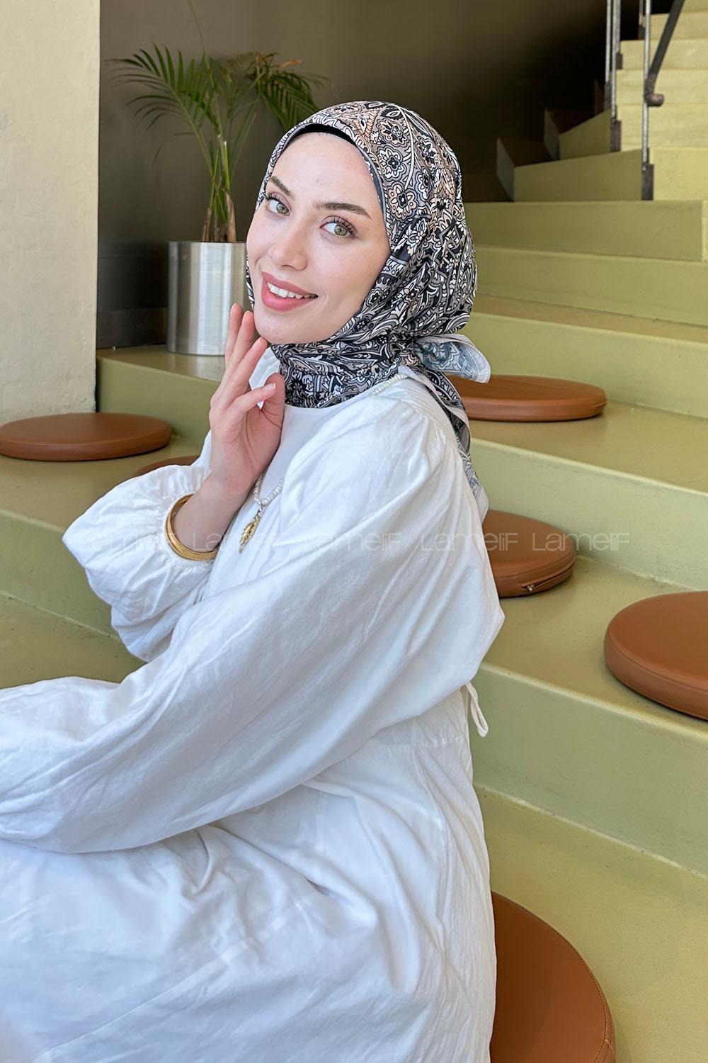 Lamelif Retro Desen Soft Eşarp Vizon