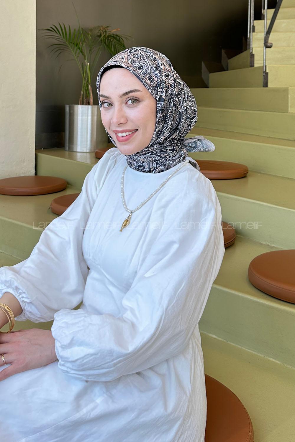 Lamelif Retro Desen Soft Eşarp Vizon