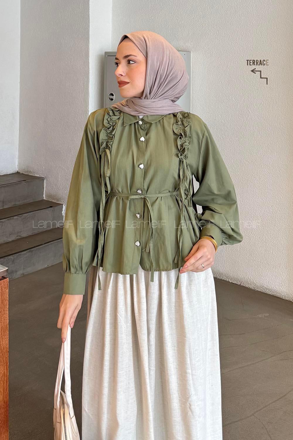 Lamelif Büzgü Detaylı Tesettür Gömlek Haki