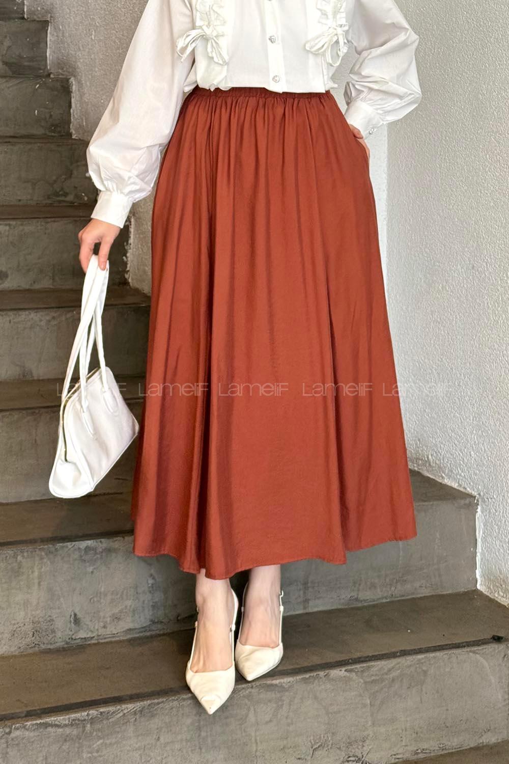 Lamelif Cep Detaylı Keten Etek Koyu Kiremit