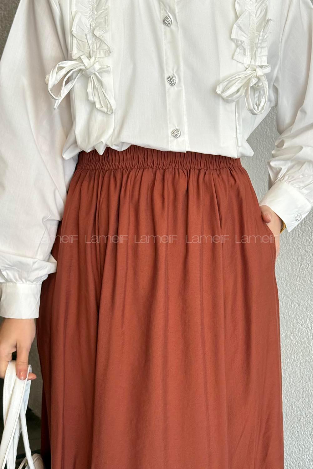 Lamelif Cep Detaylı Keten Etek Koyu Kiremit