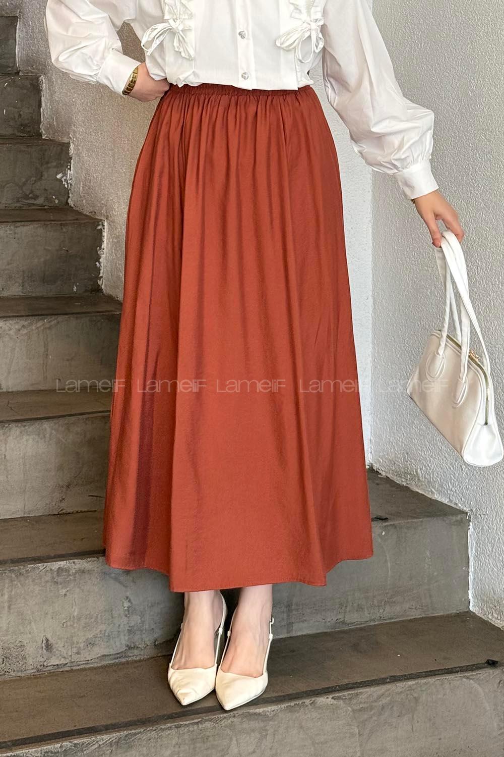 Lamelif Cep Detaylı Keten Etek Koyu Kiremit