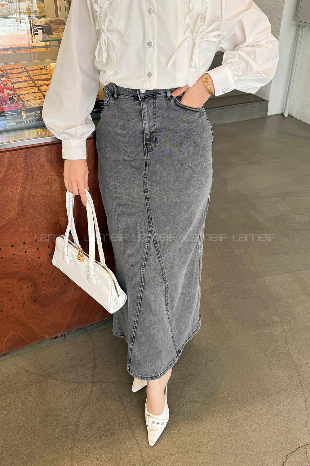 Lamelif Düz Denim Etek Füme