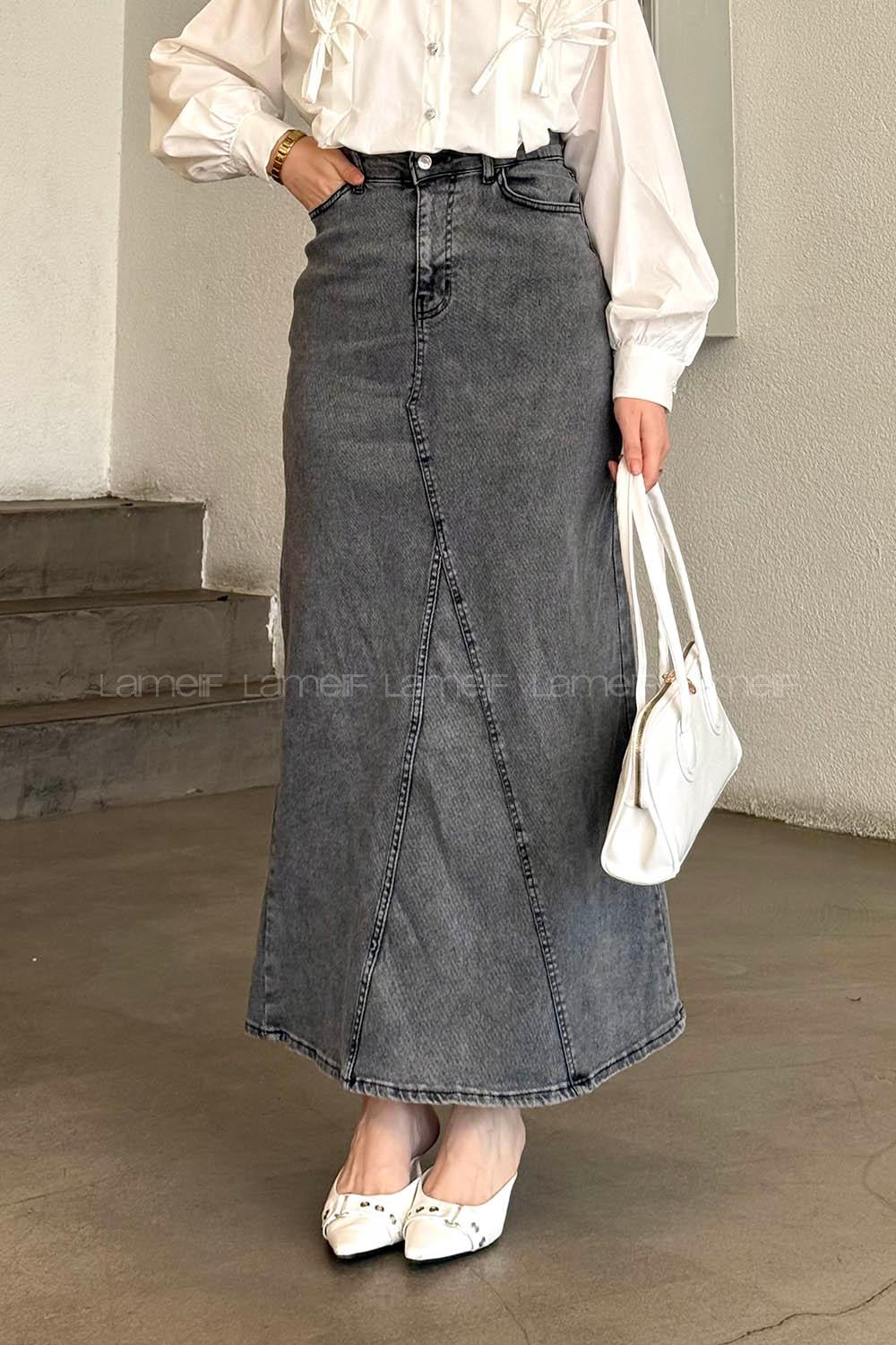 Lamelif Düz Denim Etek Füme