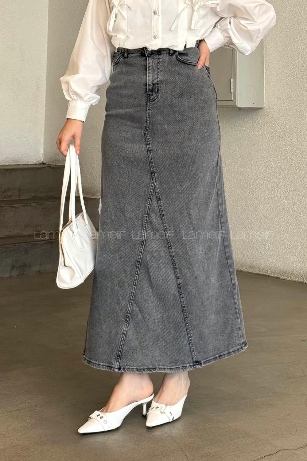 Lamelif Düz Denim Etek Füme