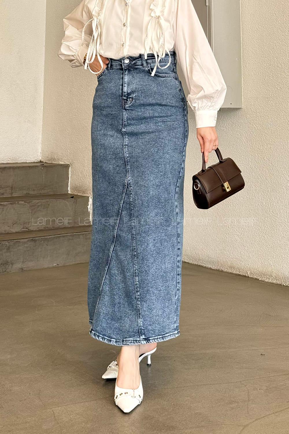 Lamelif Düz Denim Etek Mavi