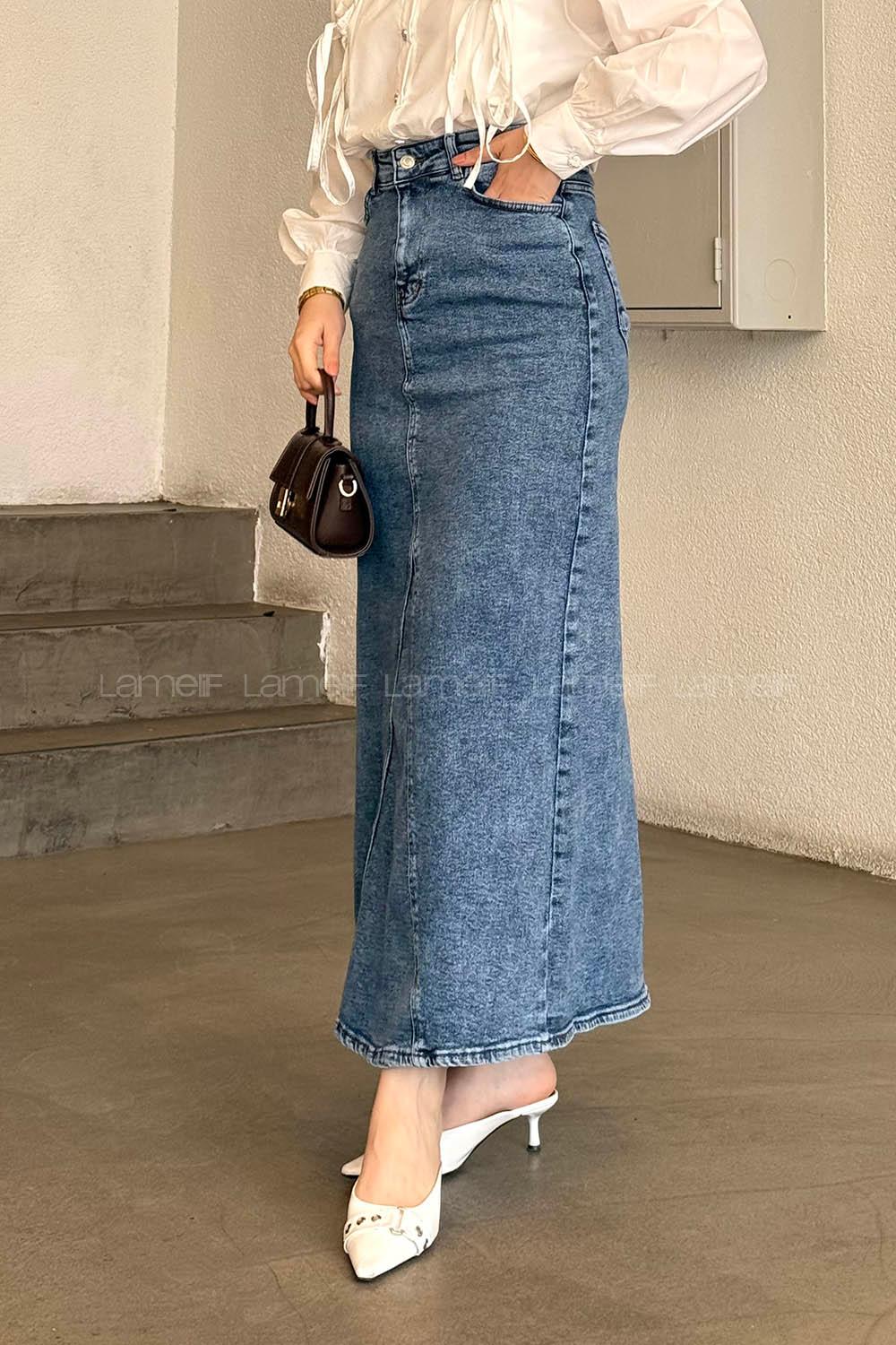 Lamelif Düz Denim Etek Mavi