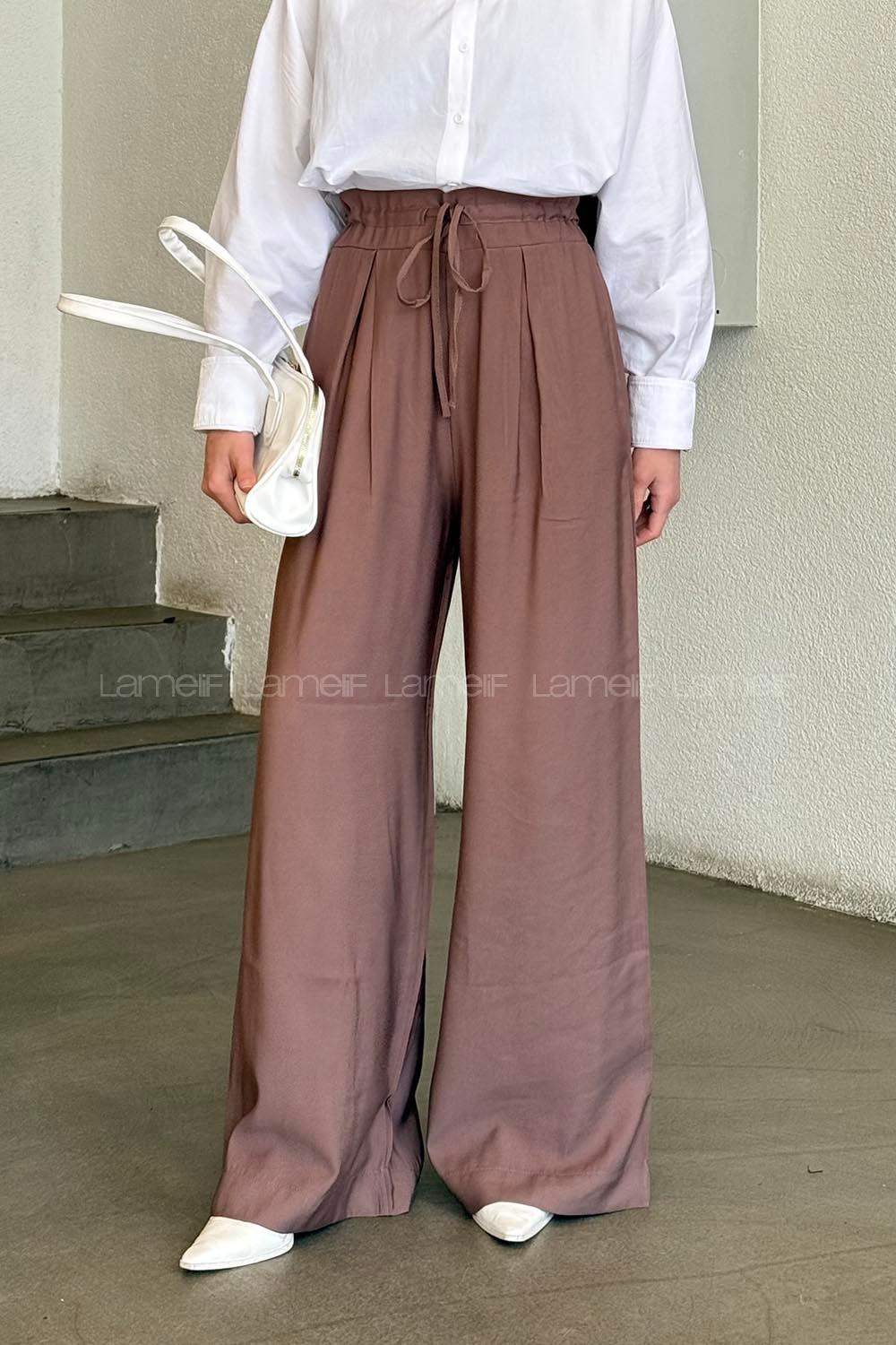 Brown Cotton High Waist Material Pants