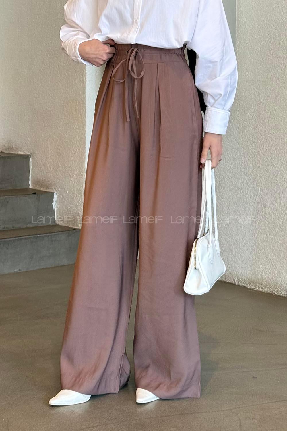 Brown Cotton High Waist Material Pants
