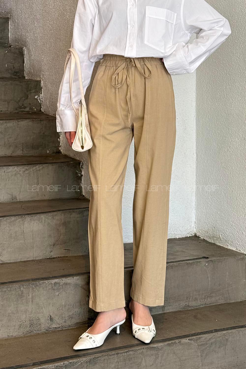 Beige Cotton Elastic Waist Material Pants