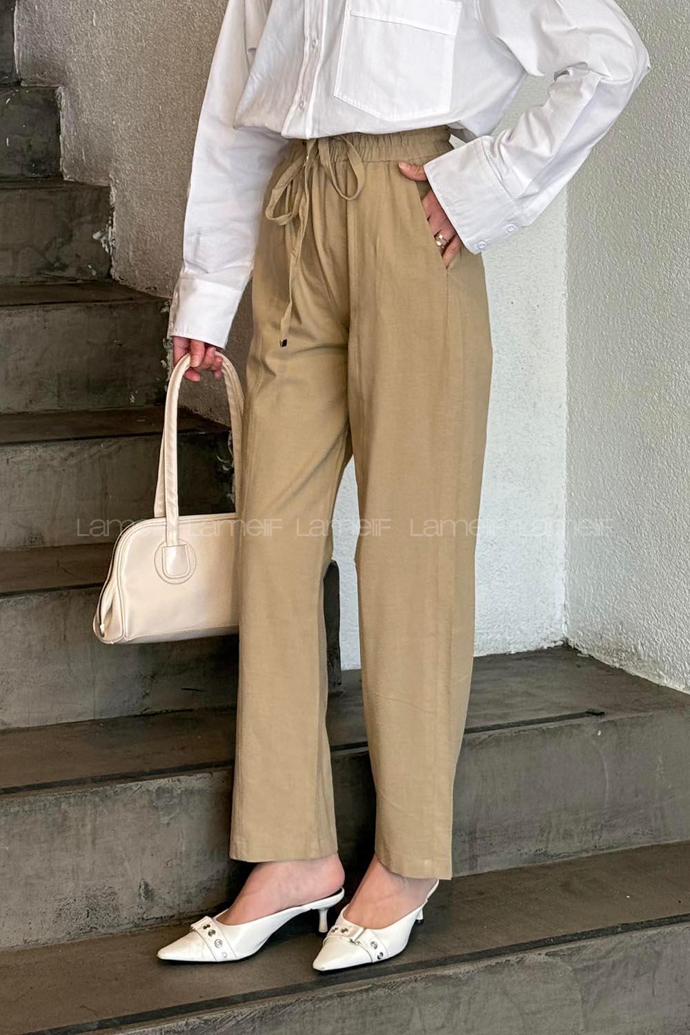 Beige Cotton Elastic Waist Material Pants