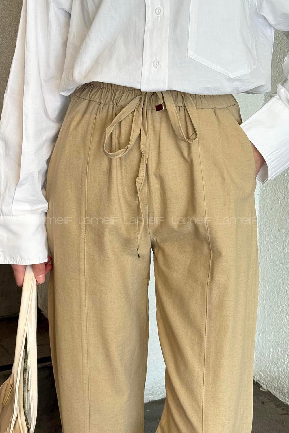 Beige Cotton Elastic Waist Material Pants