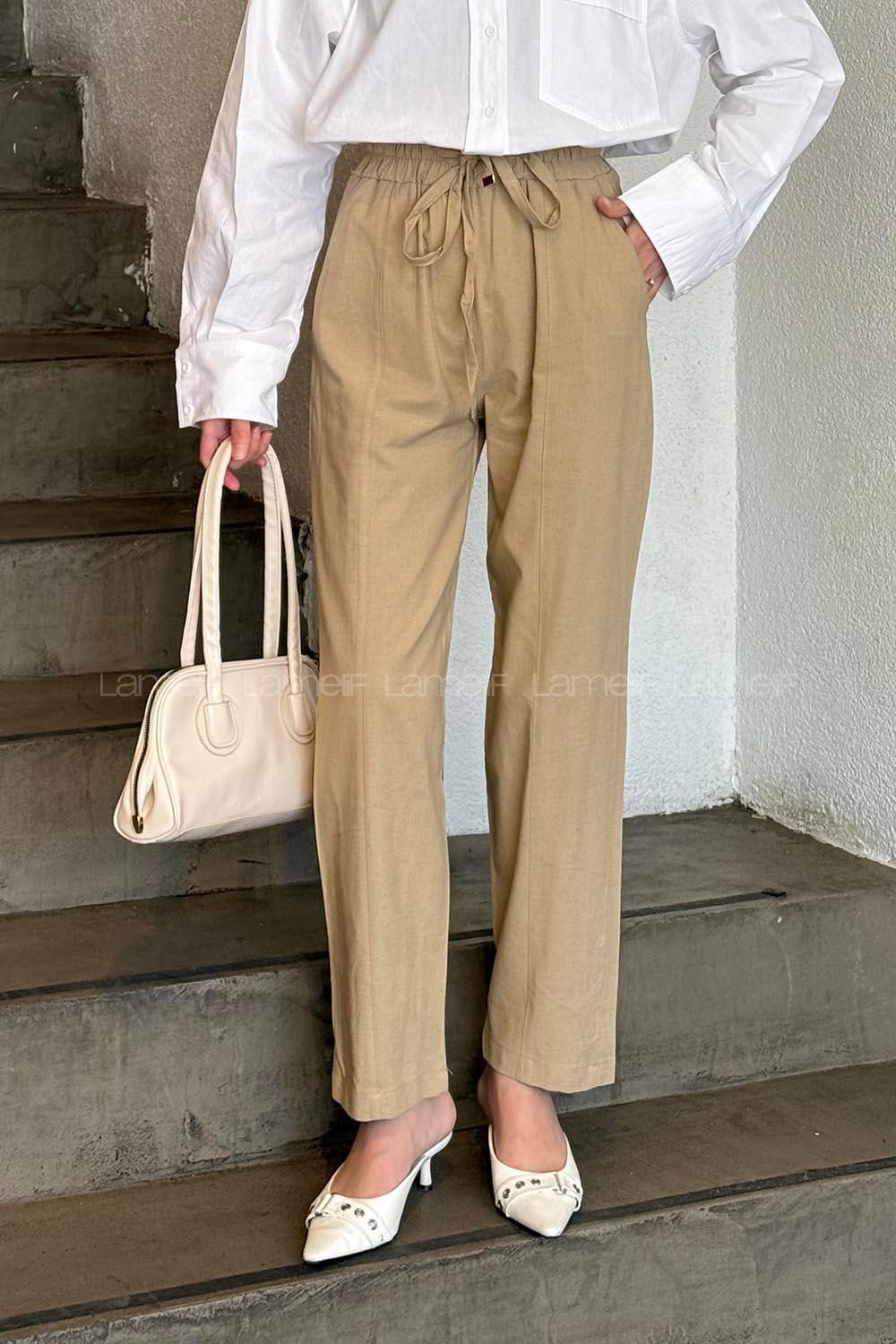 Beige Cotton Elastic Waist Material Pants