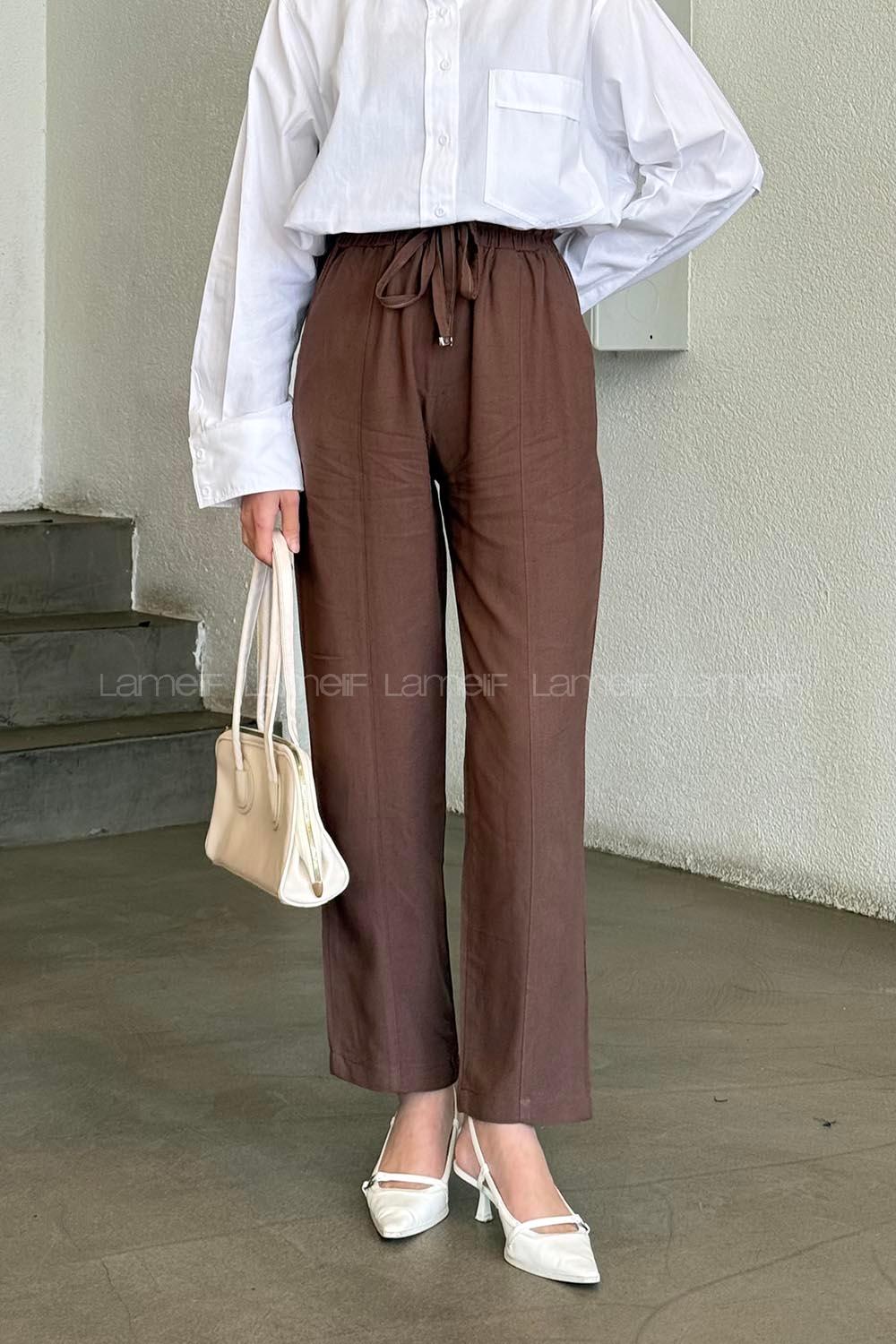 Brown Cotton Elastic Waist Material Pants