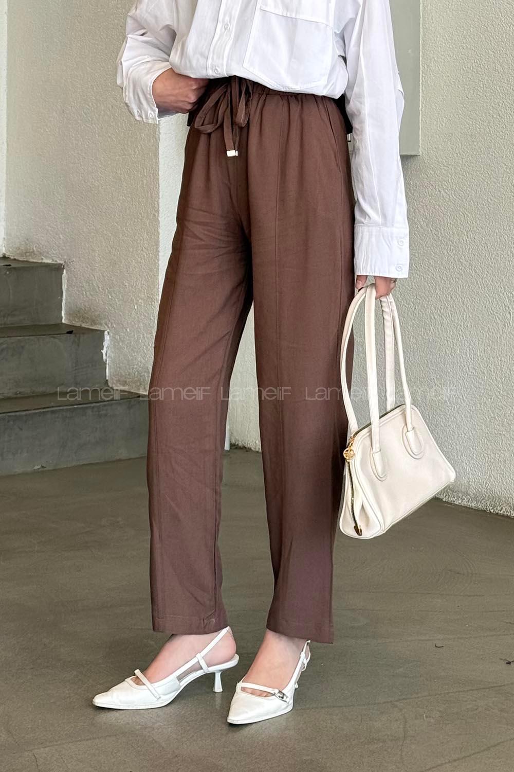 Brown Cotton Elastic Waist Material Pants