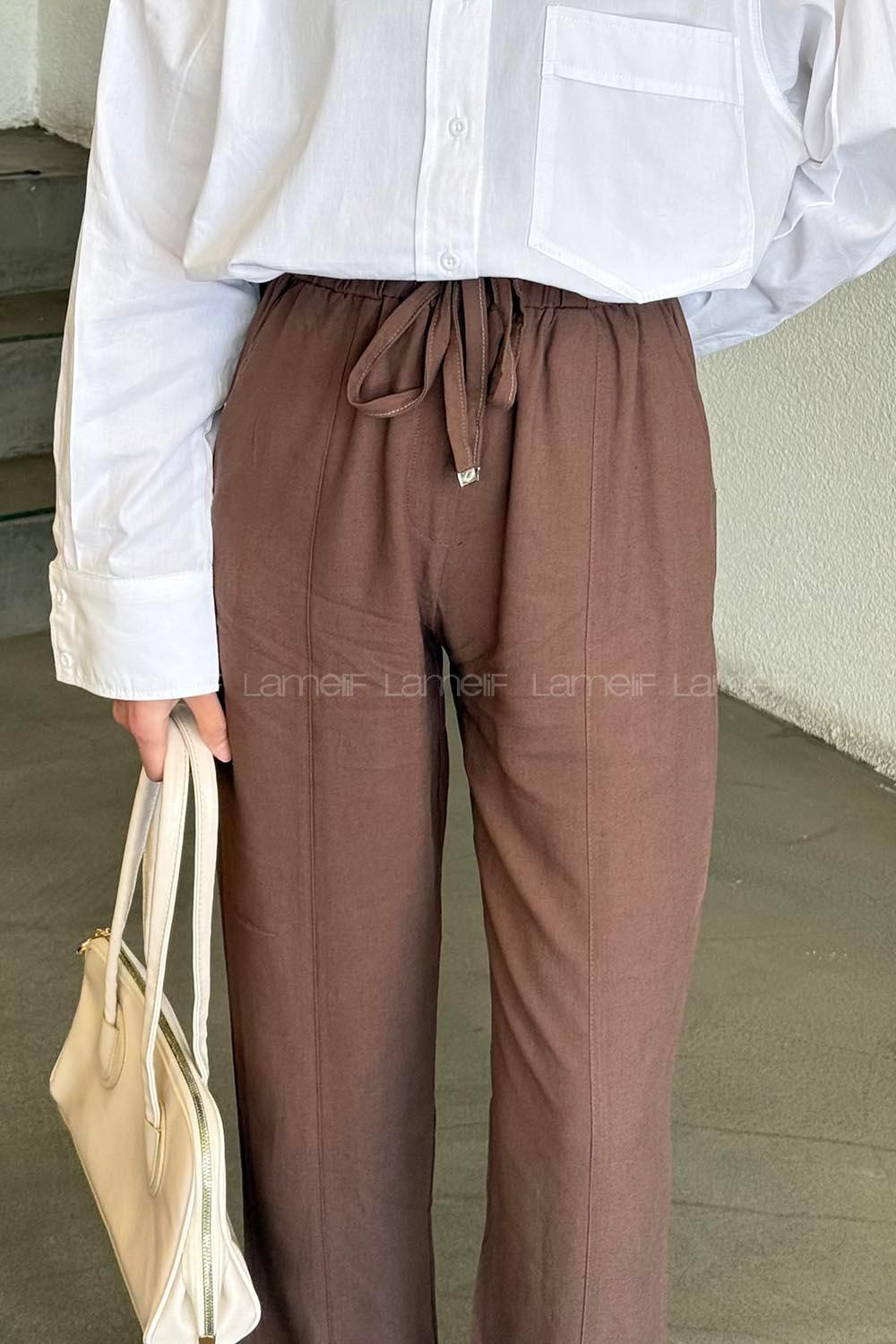 Brown Cotton Elastic Waist Material Pants