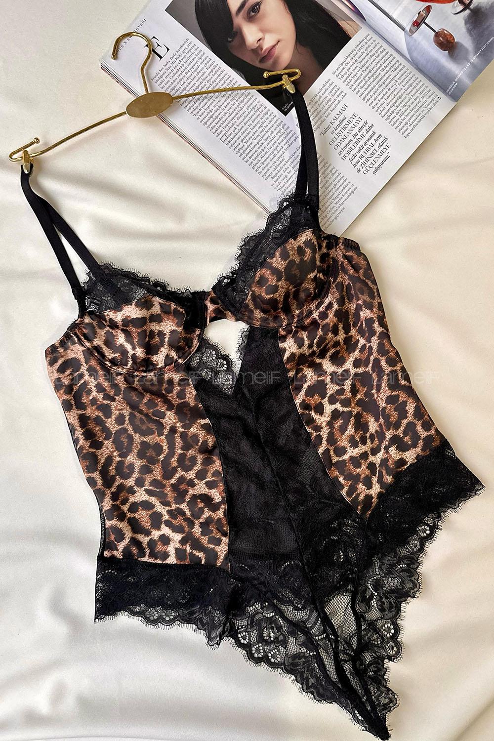 Lamelif Saten Leopar Dantel  Body Suit