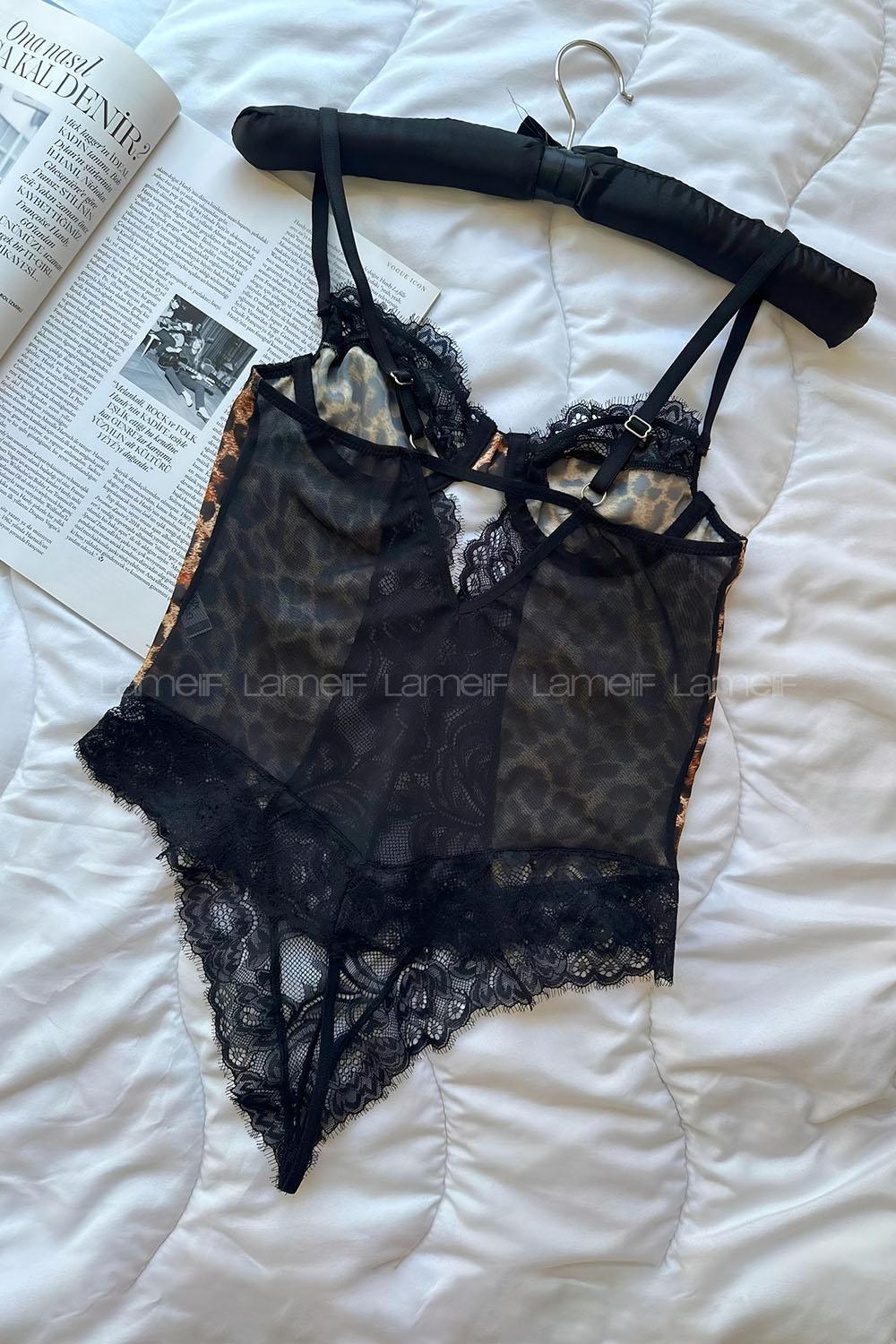 Lamelif Saten Leopar Dantel  Body Suit