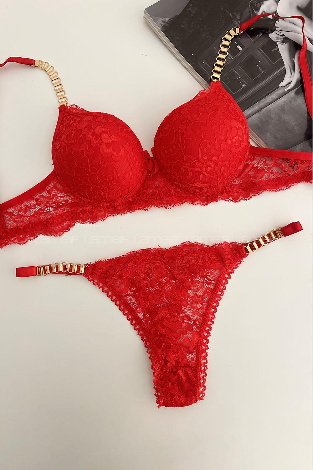 Lamelif Dantelli Destekli Sütyen Takım Kırmızı Renk