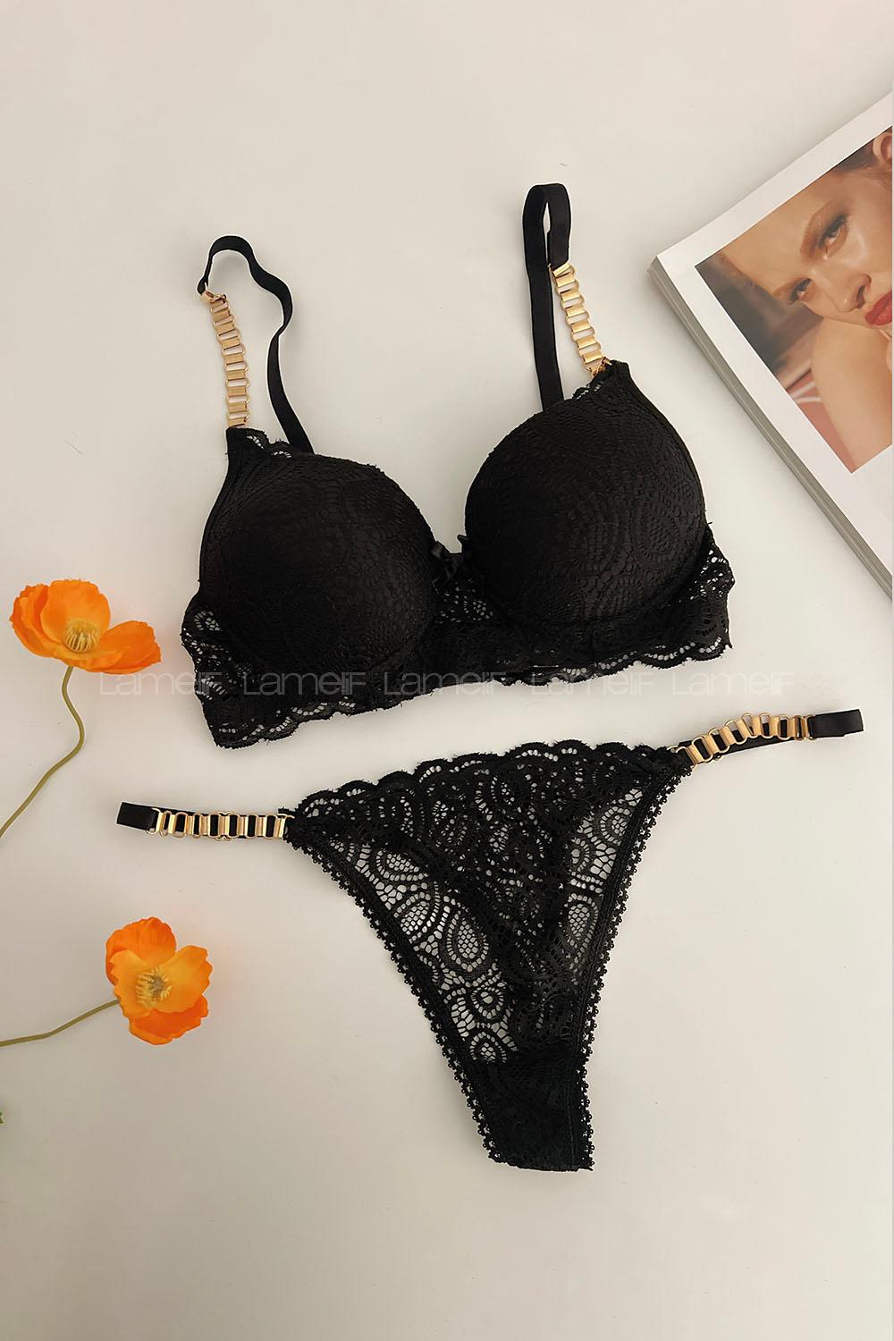 Lamelif Dantelli Destekli Sütyen Takım Siyah Renk