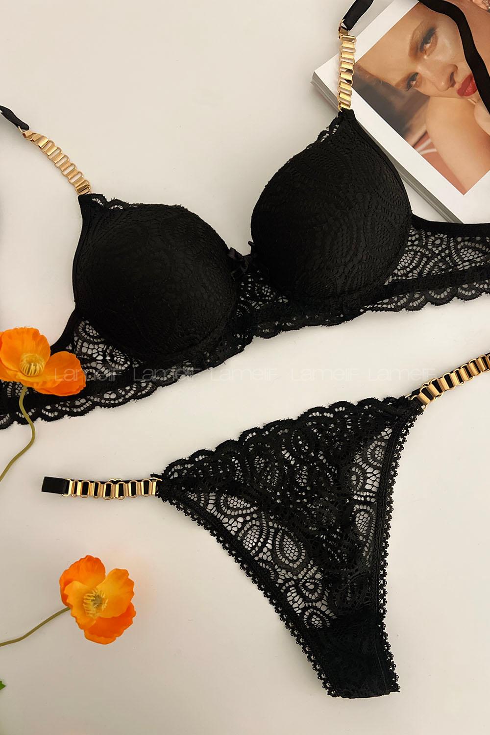 Lamelif Dantelli Destekli Sütyen Takım Siyah Renk