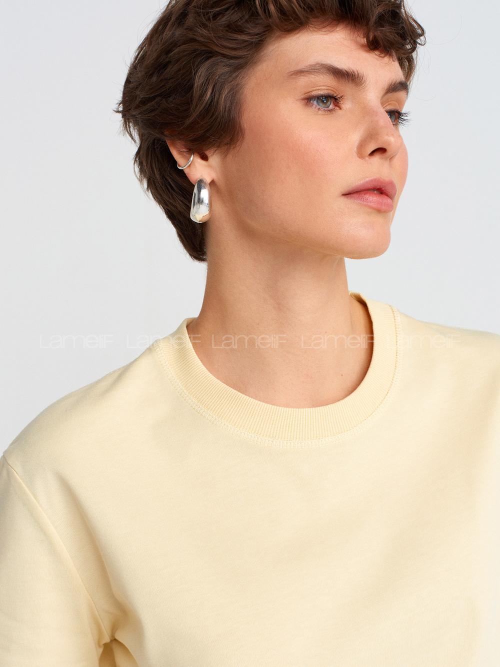 Lamelif Dilvin 30312 Dekoratif Dikişli Bisiklet Yaka Tshirt Sarı