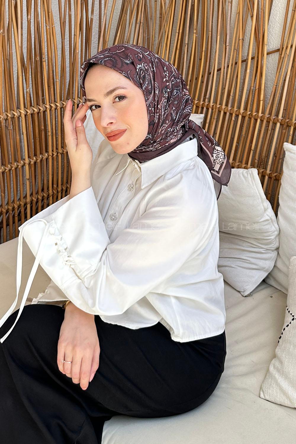 Lamelif Retro Desen Soft Eşarp Acı Kahve