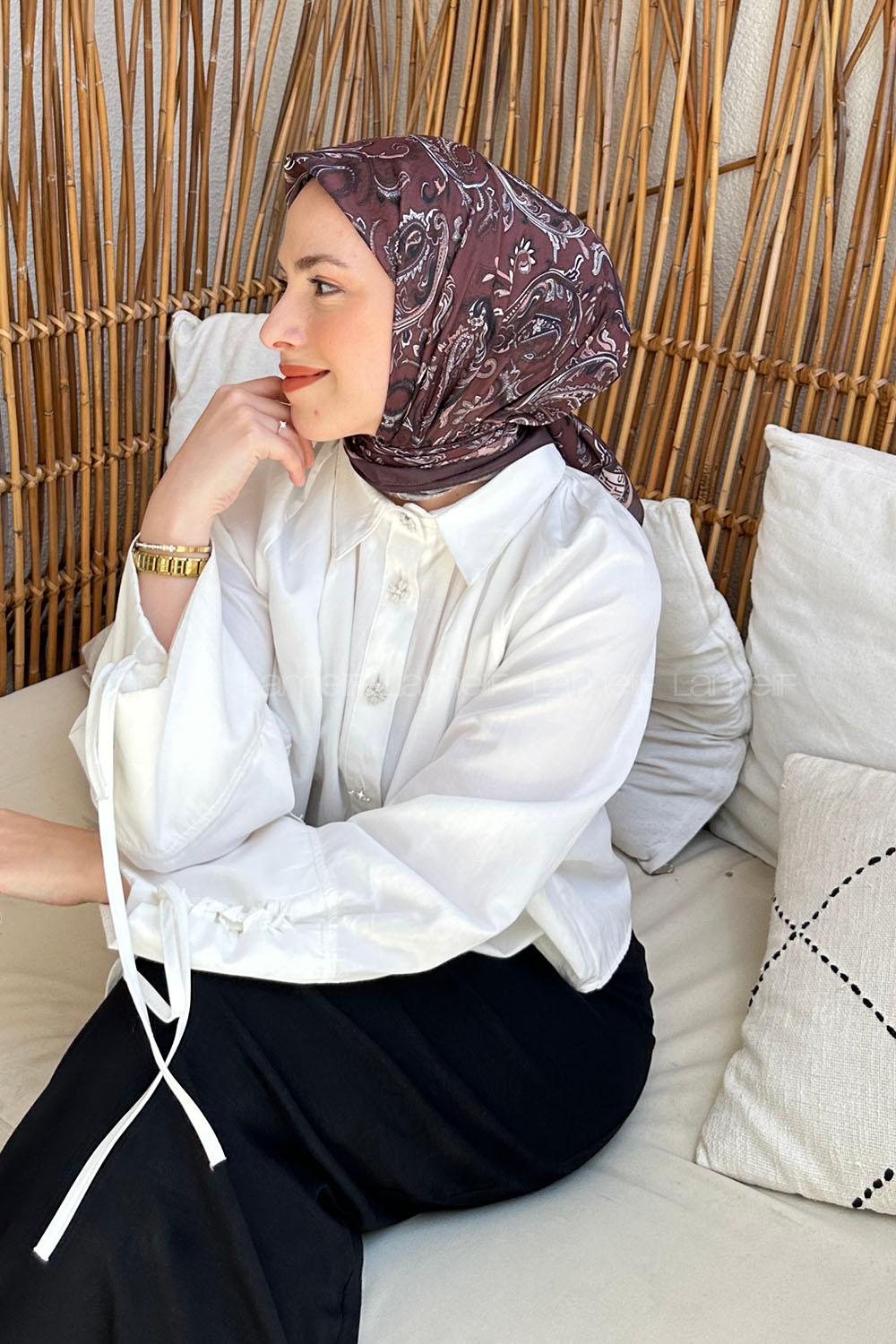 Lamelif Retro Desen Soft Eşarp Acı Kahve