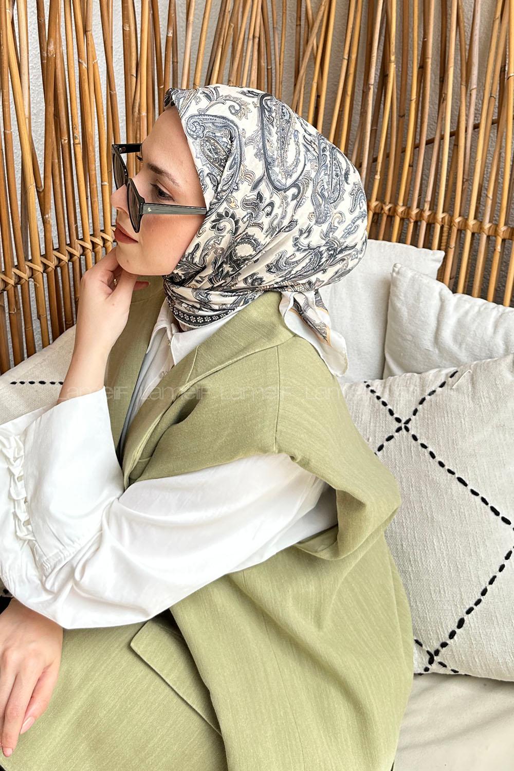 Lamelif Retro Desen Soft Eşarp Ekru