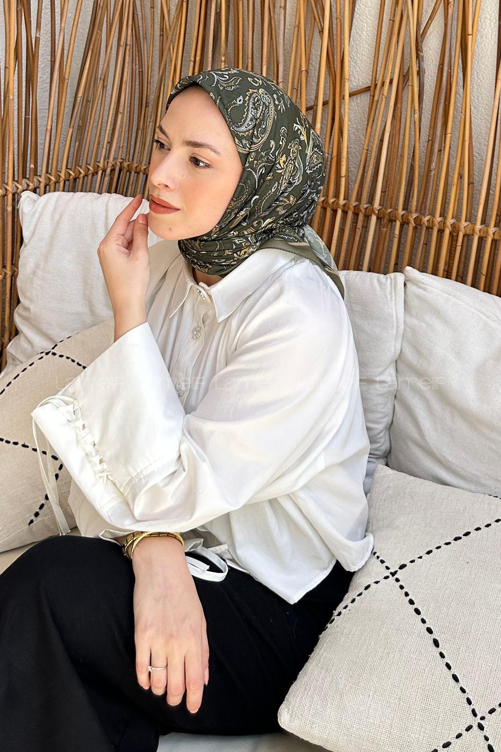 Lamelif Retro Desen Soft Eşarp Haki