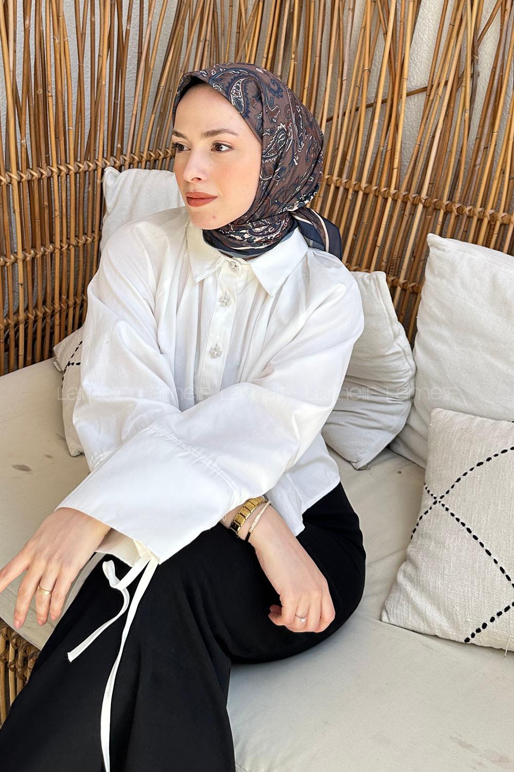 Lamelif Retro Desen Soft Eşarp Kahverengi Lacivert