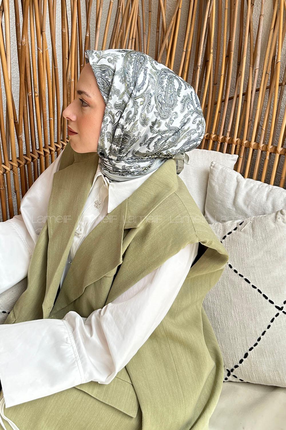 Lamelif Retro Desen Soft Eşarp Mint Yeşili