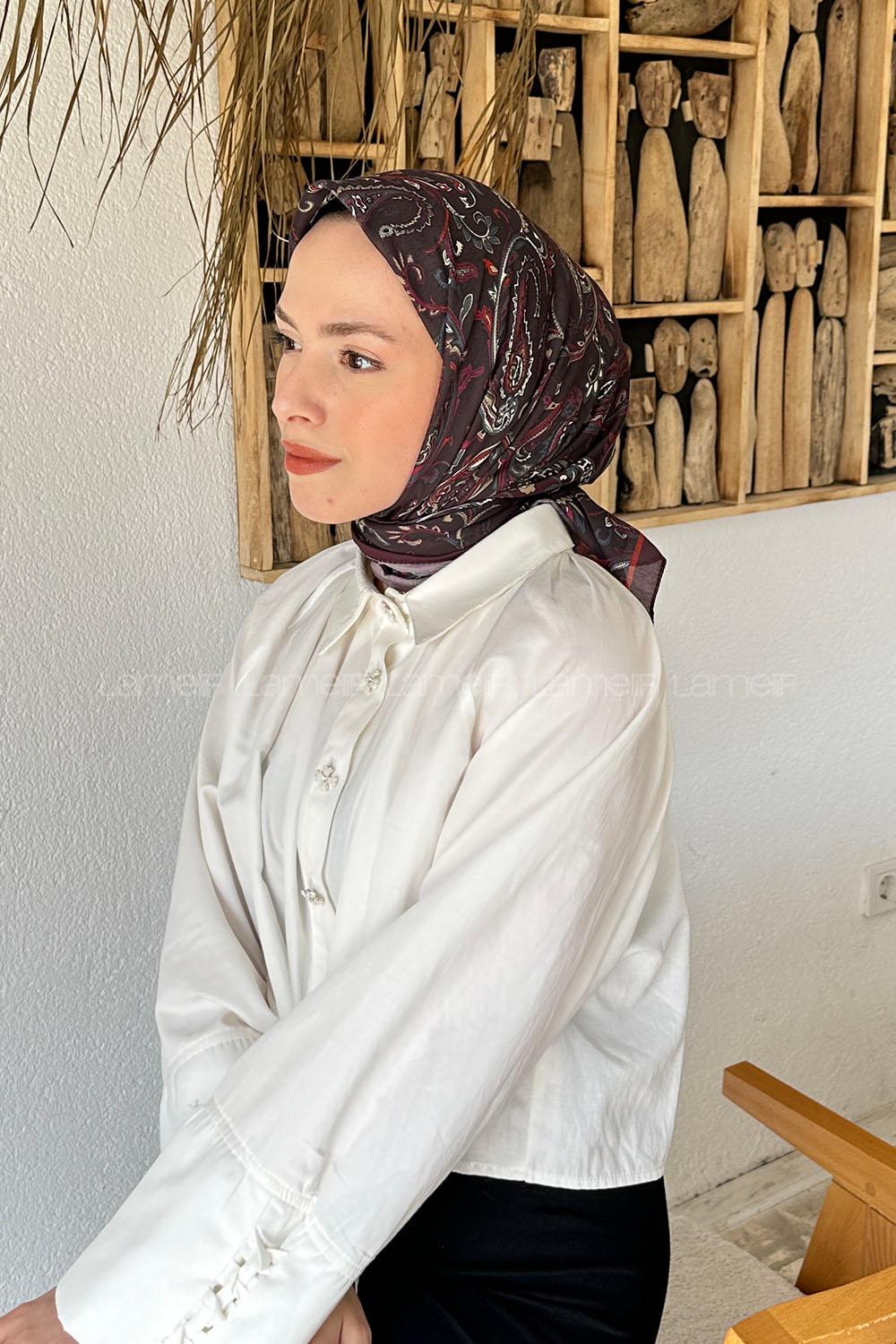 Lamelif Retro Desen Soft Eşarp Mürdüm