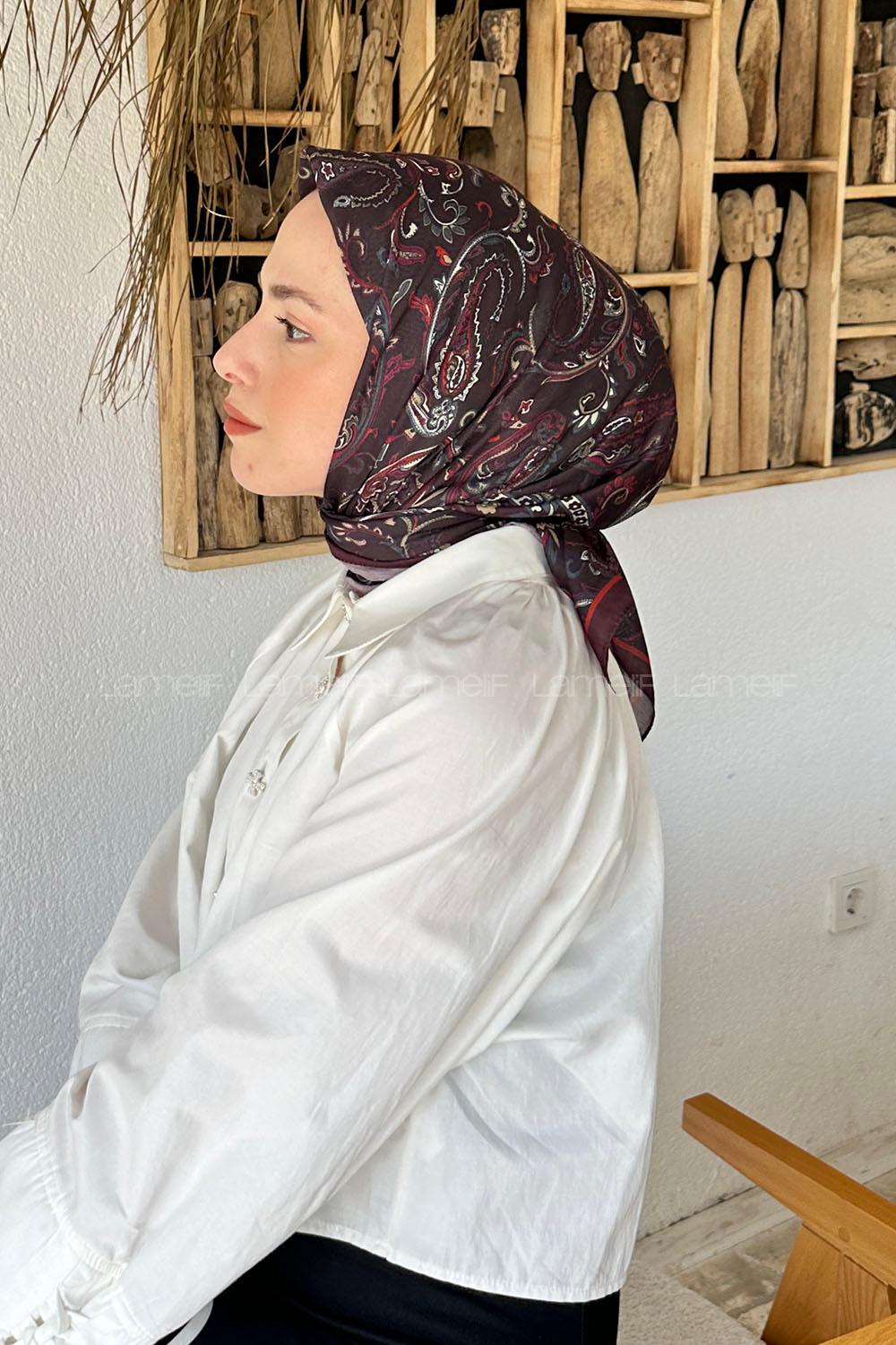 Lamelif Retro Desen Soft Eşarp Mürdüm