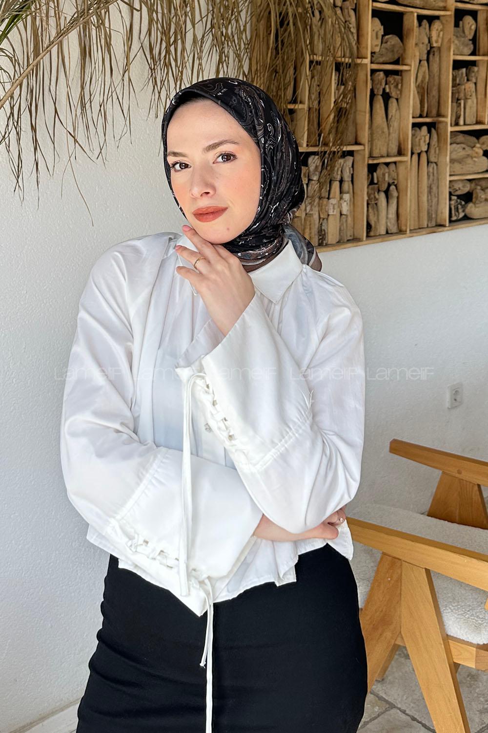 Lamelif Retro Desen Soft Eşarp Siyah Sütlü Kahve