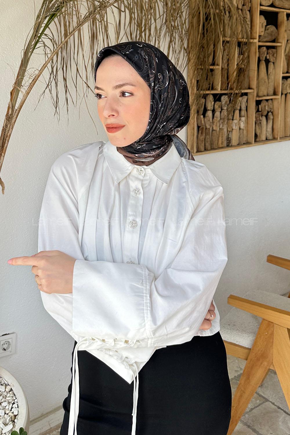 Lamelif Retro Desen Soft Eşarp Siyah Sütlü Kahve