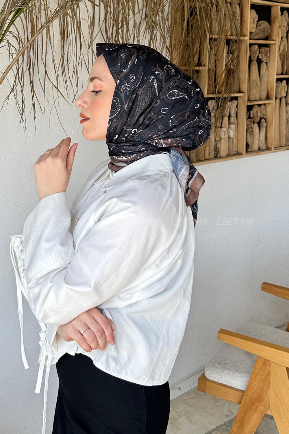 Lamelif Retro Desen Soft Eşarp Siyah Sütlü Kahve