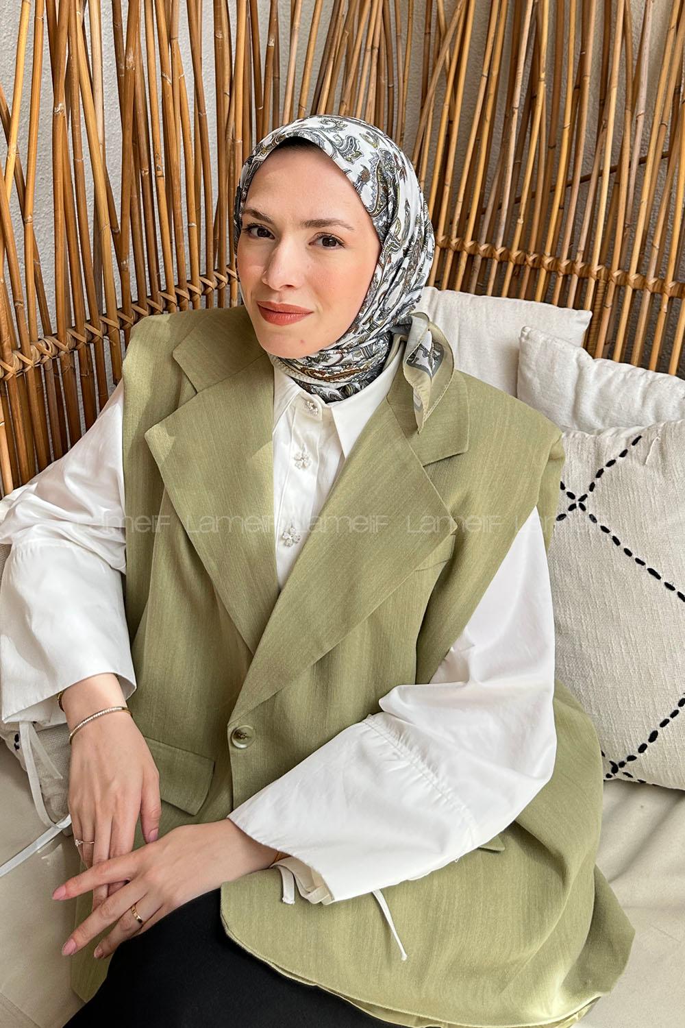 Lamelif Retro Desen Soft Eşarp Yağ Yeşili Kırık Beyaz