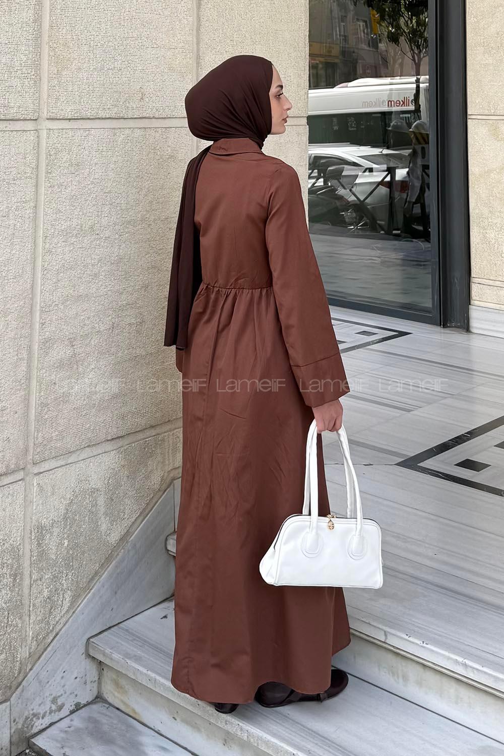 Lamelif Ön Bağlama Detaylı Tesettür Elbise Acı Kahve