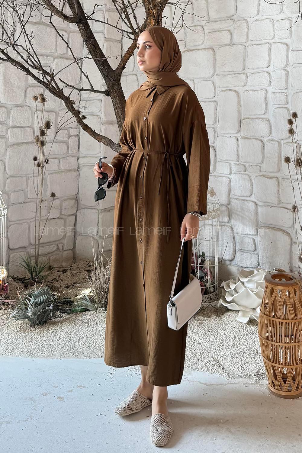 Lamelif Pat Detaylı Elbise Kahve