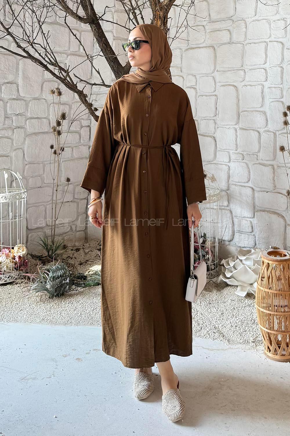 Lamelif Pat Detaylı Elbise Kahve