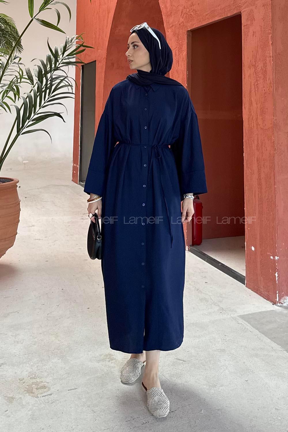 Lamelif Pat Detaylı Elbise Lacivert