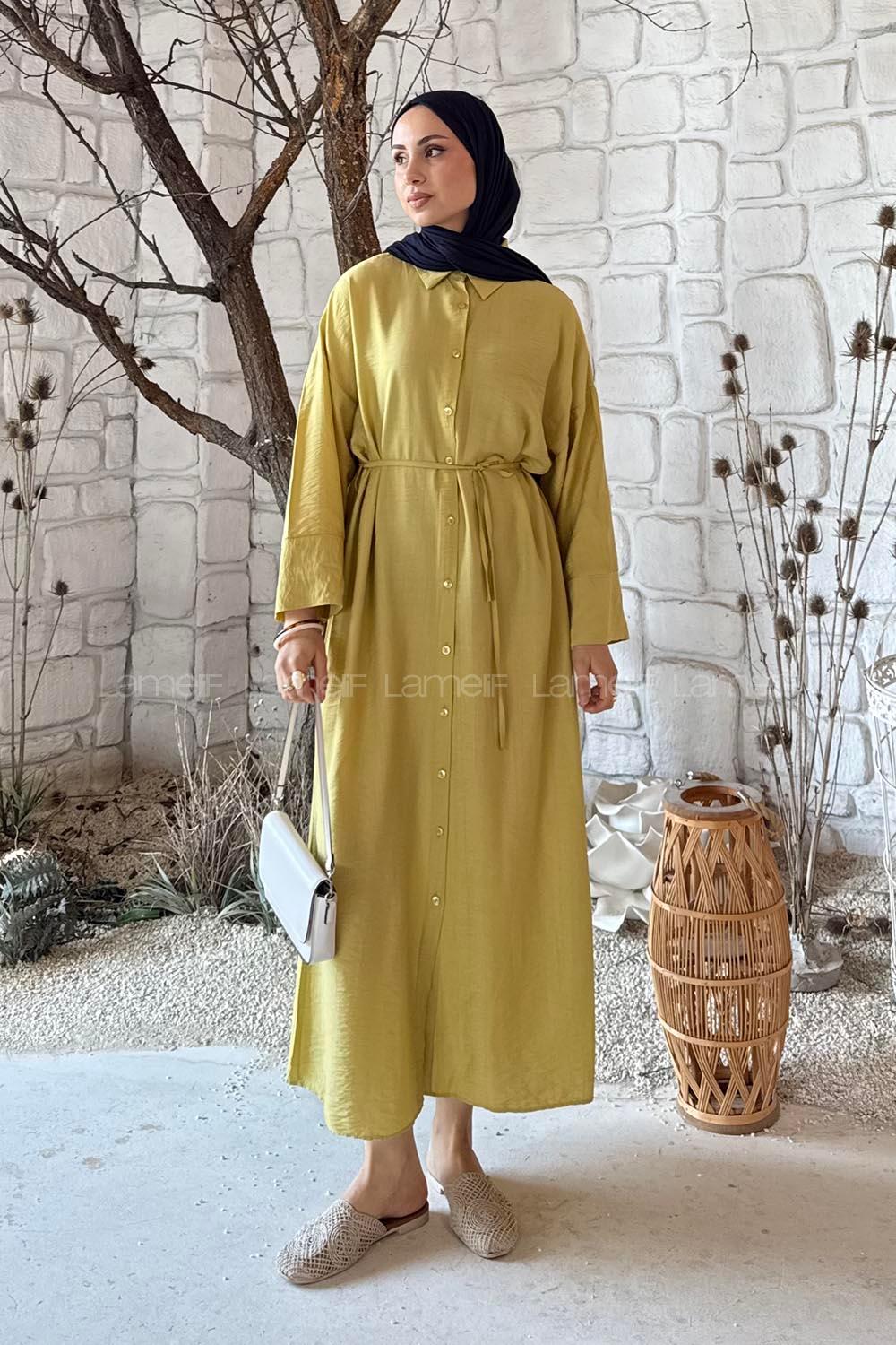 Lamelif Pat Detaylı Elbise Sarı