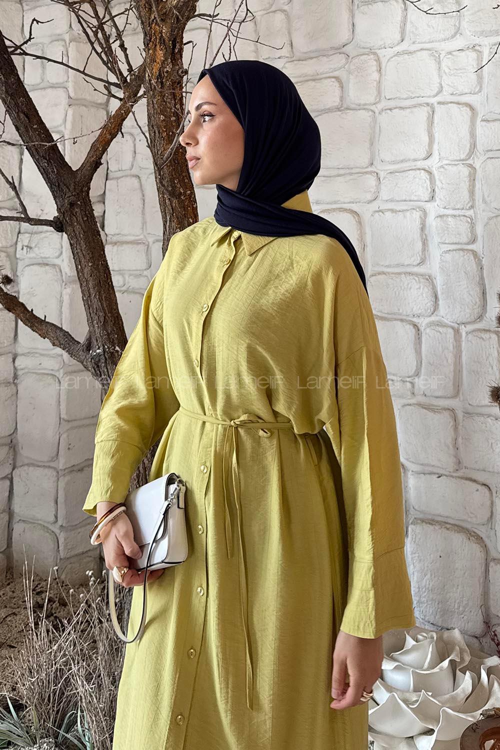 Lamelif Pat Detaylı Elbise Sarı