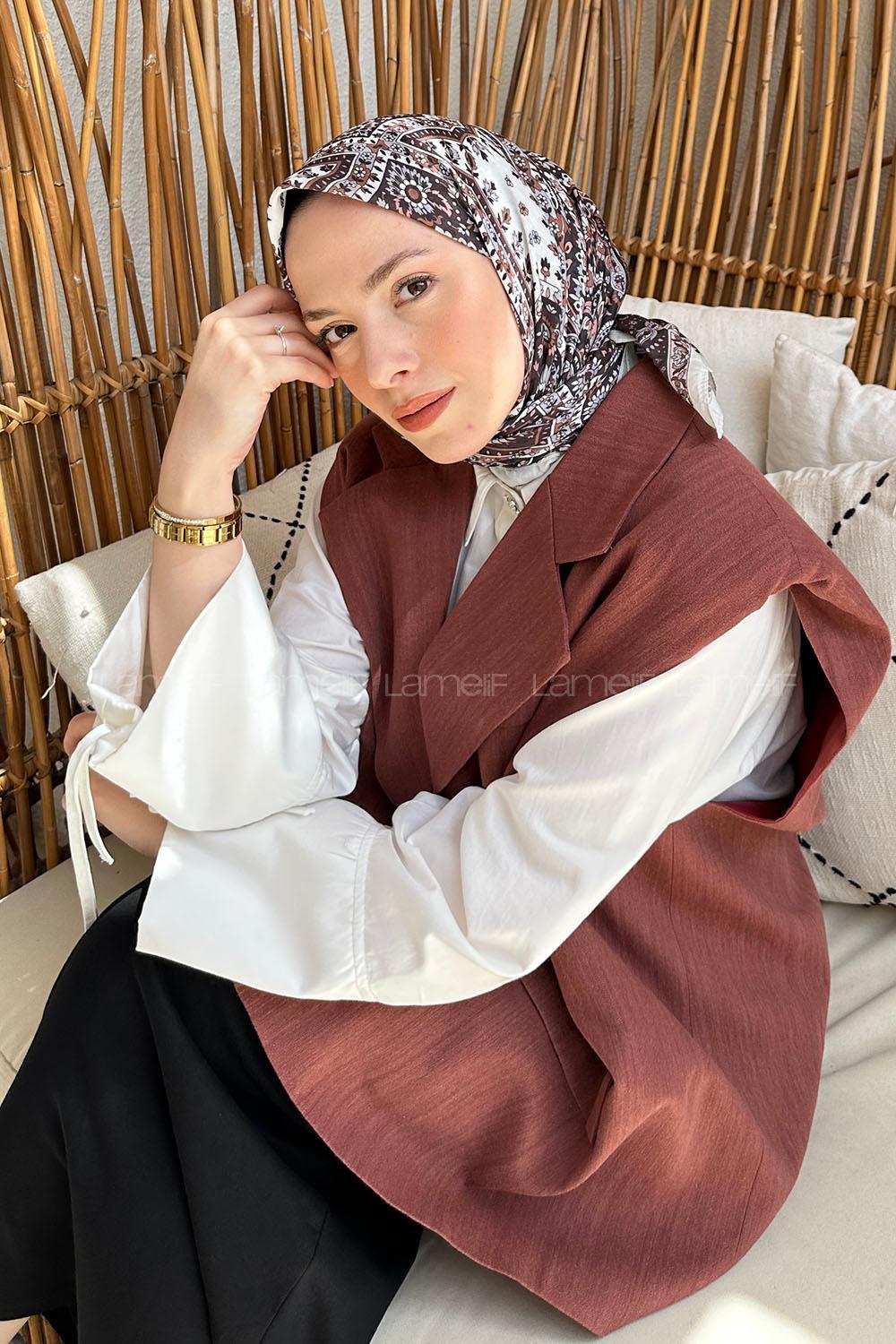 Lamelif Retro Desen Soft Eşarp Acı Kahve Taş