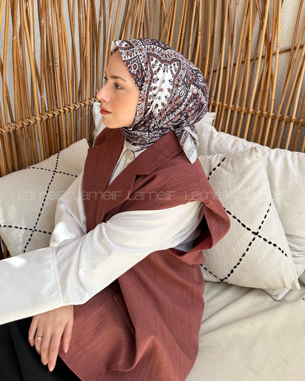 Lamelif Retro Desen Soft Eşarp Acı Kahve Taş